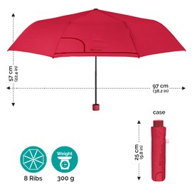 PERLETTI Umbrella Compact Handbag for Women - Pocket Umbrella Manual for Women Girls - Women's Umbrella Rain Umbrella Storm Resistant Lightweight Mini - Diameter 97 cm, red
