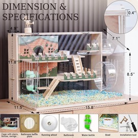 11 in 1 Wooden Hamster Cage with All Accessories, 15.8 Inch 3-Layer Dwarf Hamster Cage Acrylic,Small Animal Cages, Pastoral Style Mouse Cage for Pet Mice, Hedgehog, with Stairs, Fences and Swing