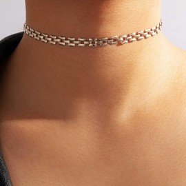 Wendalern Silver Chain Choker Necklace Dainty Chunky Necklace Simple Geometric Chain Necklace Minimalist Table Chain Necklace Silver Plated Clavicle Necklace Jewelry for Women Girls