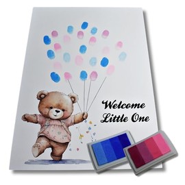 Baby Shower Fingerprint Guestbook Print - Teddy Bear - Balloons - A4 - Pink Blue Neutral Unisex Gender Reveal Party - Newborn Keepsake Gift (Gender Prediction)