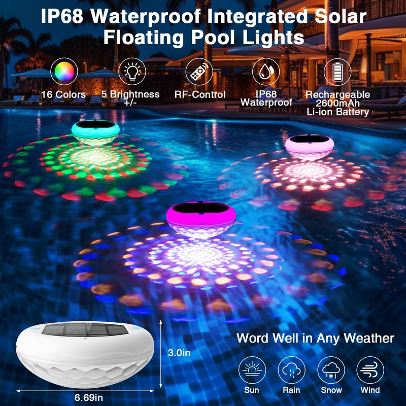 QOLNBY 2-in-1 Solar Powered USB Rechargeable Floating Pool Lights, 6.69