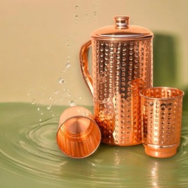 Pure Copper Hammered Pitcher with Lid - 1500ml/50 Oz Jug & 2 Copper Glass Tumblers, Drink More Water | Stay Hydrated & Enjoy Health Benefits
