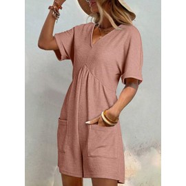 AlvaQ Womens Rompers for Summer Cute Casual Solid Loose Fit V Neck Short Sleeve Jumpsuits Overalls Shorts with Pockets Travel Clothes Pink Medium