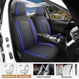 CAROMOP Premium PU Leather&Flannel Car Seat Covers Full Seats,Split Bench Compatible Car Interior Covers, Universal Fit Most Car Sedan Truck SUV(5-Seat Black/Blue)