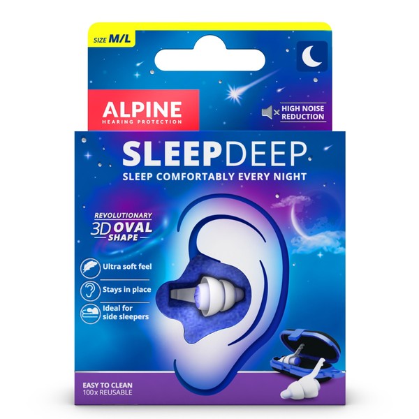 Alpine SleepDeep - Ear Plugs for Sleeping and Concentration - 27dB - New 3D Oval Shape Ear Plugs and Soft, Noise Reducing Core for Maximum Comfort and Cushioning - Size M/L