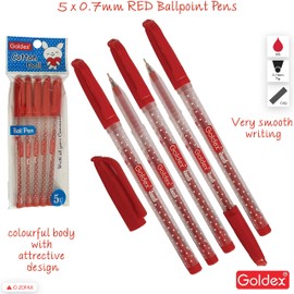 Goldex 5 x 0.7mm Ball Pens Cotton Doll Ball Point Pen RED Biro Ballpoint Pens