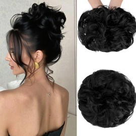 Messy Bun Hair Pieces Natural Black Wavy Curly Tousled Stretchy Fluffy Donut Updo Elegant Chignon with Ponytail Extension for Women - black