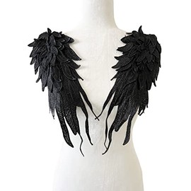 PEPPERLONELY1 Pair Embroidery Angel Wing Applique Sewing Flower Collar Patch for Wedding Party Gown Bridal Dress Clothes DIY Crafts, 16 x 5 Inches, Black
