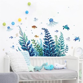 SMAOSTORE Wall Sticker Underwater World Jellyfish Turtle Algae Stylish Living Room Bedroom Room Sticker Background Wall Bathroom Toilet Waterproof Removable Wall Sticker DIY Wallpaper
