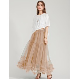 Flygo Women's Maxi Tulle Skirt Long Tiered A Line Mesh Tutu Fairy High Elastic Waist Pleated Layered Skirts Champagne