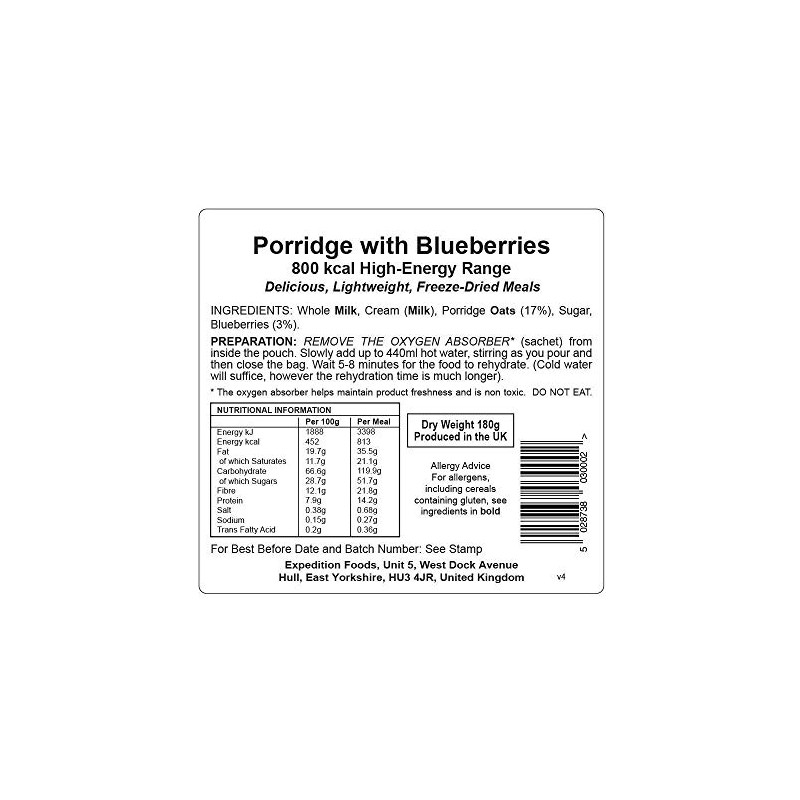 Expedition Foods Porridge with Blueberries (800kcal) - Freeze Dried Meal