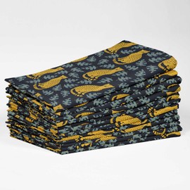 Vargottam Cheetah & Monstera Print Design Cotton Canvas Napkin - Set of 12, 20-Inch Elegant Blue Cloth Napkin, Perfect for Harvest Dinner, Thanksgiving, Farmhouse - Machine Washable