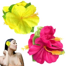JazSwirl Flower Hair Clips for Women, 2 Pack Pink Yellow Hawaiian Hibiscus Flower Hair Clips, 4.7 x 4.5 inch Fabric Floral Hair Accessories, Hair Clip Flowers for Weddings Parties Luau Cosplay