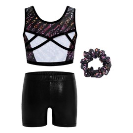 JiAmy Two Piece Gymnastics Leotards for Girls, Sleeveless Sparkly Dance Biketards with Shorts Ballet Tumbling Outfit for 3-12 Years