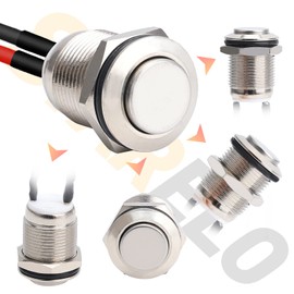 STARELO 5pcs 12mm Momentary Push Button Switch Silver Shell with pre-Wiring, IP65 Waterproof Push Button Switch,Stainless Steel 1 Normally Open Without LED.