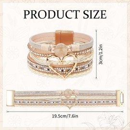 GZJINYUAN Heart Leather Wrap Bracelet, Boho Layered Cuff Bangles with Strong Clasp, Rhinestone Multilayer Stackable Bracelets for Women Gift (Beige)
