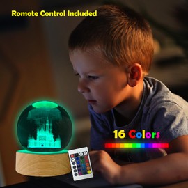 Castle Crystal Ball 3D Night Light, 2.4 Inch Crystal Ball with 16 Color Wooden Base and Remote Control,Gifts for Teen Grils