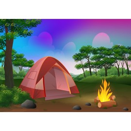 Loccor 9x6ft Fabric Cartoon Camping Backdrop Night Forest Camping Tent Bonfire Campfire Party Backdrop Field Survival Training Camping Backdrop Kids Birthday Baby Shower Photo Booth Props