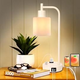 GLITI Industrial Table Lamp Desk Lamp, Stepless Dimmable Desk Lamp with 2 USB Ports and AC Power Outlet, Frosted GlassShade, Eye-Caring Bedside Nightstand Lamps for Bedroom Living Room (Apricot)