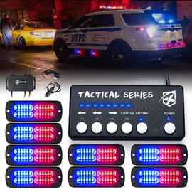 Xprite 24 LED Surface Mount Strobe Lights Kit with Control Panel, Grill Grille Flashing Emergency Warning Police Side Marker Light for Trucks Vehicles ATV RV Cars Van Red Blue, 8PCS