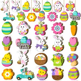 40 Pcs Easter Wooden Tags Hanging with Jute Twine - Colorful Happy Bunny Chick Eggs Floral Designs for Spring Decorations Wood Baskets Gifts DIY Crafts Party Home Classroom Wall Tree Decor