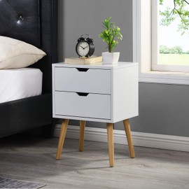 Sweetgo End Side Table Nightstand with Storage Drawer -Fashion Modern Assemble Storage Cabinet Bedroom Bedside -Solid Wood Legs Living Room Bedroom Furniture-Double Drawer Nightstand (1, White)
