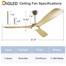 depuley 52/60 Inch Ceiling Fan with Lights, 3 Blade Fan,with DC Motor and Remote Control - 52in