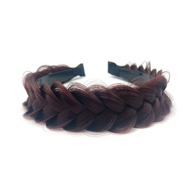 Hairband Braided Hairpiece Messy Wide 2 Strands Fluffy Braids Wig with Tooth Women Headband Hair Bands (Claret)