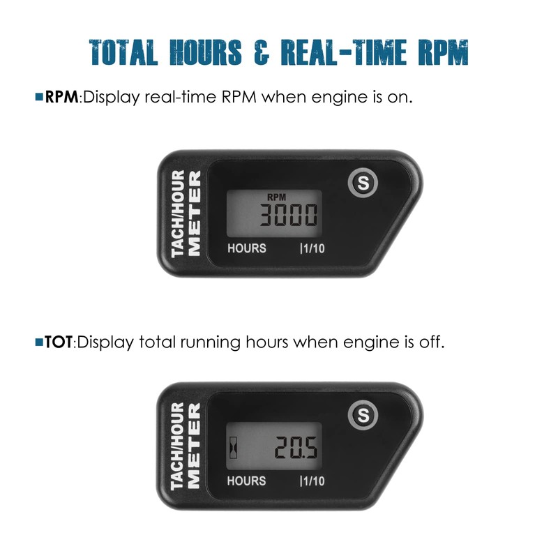 Runleader Digital LCD Hour Tachometer, Hours and RPM Display, Waterproof