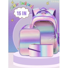 Mermaid Gradient Glitter Backpacks for Girls with Lunch Box for Kids Bookbag for Age 4-6 6-8 8-10 School Bag for Primary Kindergarten Elementary Pre School Aesthetic Lightweight Mochila Para Niñas