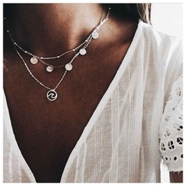 Allereya Vintage Layered Wave Necklace Sequins Disc Dangle Necklace Circle Wave Pendant Necklace Silver Pearl Satellite Chain Geometric Necklace Jewellery for Women and Girls, Metal, Pearl