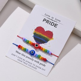 MEALGUET Rainbow Pride Evil Eye Bracelets,A Pair Rainbow Beaded Evil Eye Charm Gay/Lesbian Pride Couple Bracelets, Resin, no gemstone