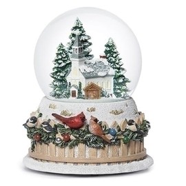 Roman 5.75" Musical Church Glitterdome with Birds – Snow Globe Christmas Decoration, Holiday Home Décor or Gift