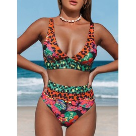 Hilinker Women's Leopard Bikini Swimsuits V Neck High Waisted 2 Piece Bathing Suits Coral Large