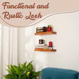 2 Pc Natural Pine Wooden Floating Shelves for Wall with No Drilling; Wall Mounted Wood Shelf Set; Wall Shelves for Living Room, Bathroom, Kitchen and Bedroom Bookshelf (Honey Oak, 16)