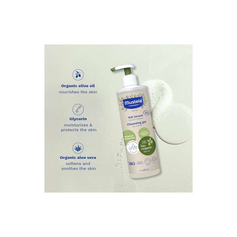 Mustela Bio Orgánico, Gel de Baño Corporal y Capilar, 400ml