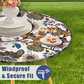 44 Inch Brown Round Patio Table Protector for Kitchen, Boho Floral Table Cloth Round Cover with Elastic Edge，Waterproof Picnic Circle Tablecloth for Dinner, Outdoor, Party, Camping, BBQ