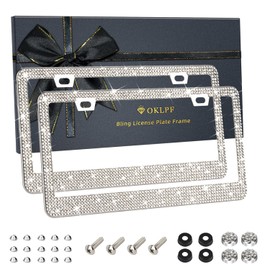 OKLPF 2 Pack White Bling License Plate Frames, Sparkly Diamond Car License Plate Holder, Suitable for Both Men and Women, Come with Screw Cap, Screw,Washer.