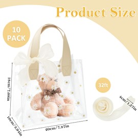 Pack of 10 Small Gift Bags with Ribbon, 18 x 20 x 10 cm, Reusable PVC Transparent Bag, Gift Foil Flower Transparent for Gift Wrapping, Wedding, Birthday, Boutique (White)