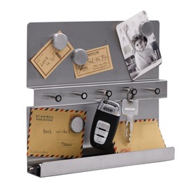 LuHeToz Stainless Steel Key and Letter Holder with Magnetic Memo Board, 5 Key Hooks and 5 Magnets, Silver