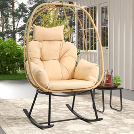 DWVO Wicker Rocking Egg Chair, Oversized Indoor Outdoor Rattan Rocking Chair, Indoor Outdoor Lounger for Patio, Backyard, Living Room, Beige