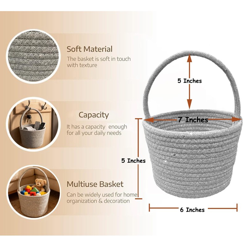 Prudance Small Sparkly Silver Sequin Woven Cotton Rope Basket, 6"x5",