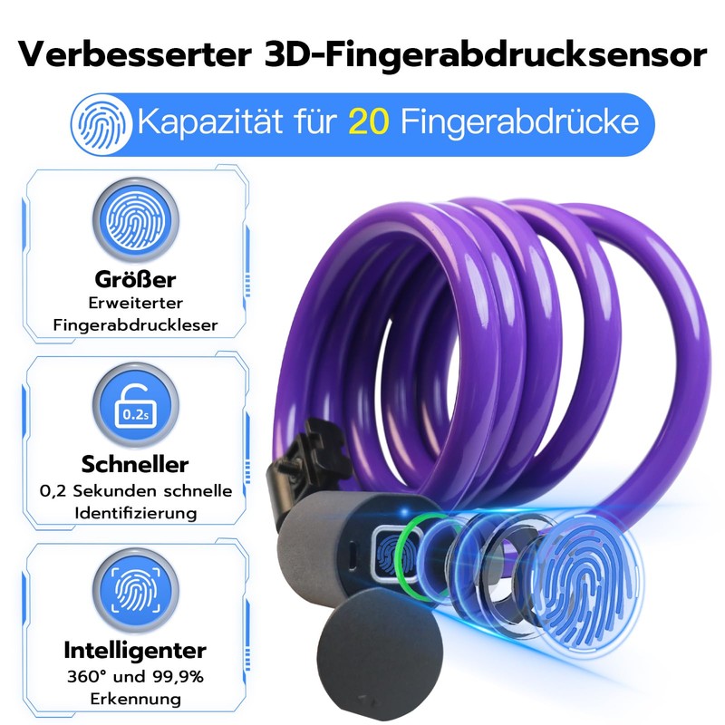 Anweller Bicycle Lock Fingerprint, 1.5 m Cable Lock, Waterproof, Portable
