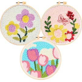 Allazone Punch Needle Embroidery Starter Kit, 3 Pieces Punch Needle Embroidery Starter Kit with Flower Pattern, DIY Punch Needle Kit with Embroidery Hoop for Crafts, Home Decoration