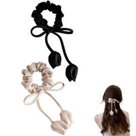scicent Scrunchie 5015 Pack of 2 Silk Hair Bows Long Hair Bows Bow Clips Elastic Hair Bobbles for Women and Girls Fashion Hair Band (Black + Beige)