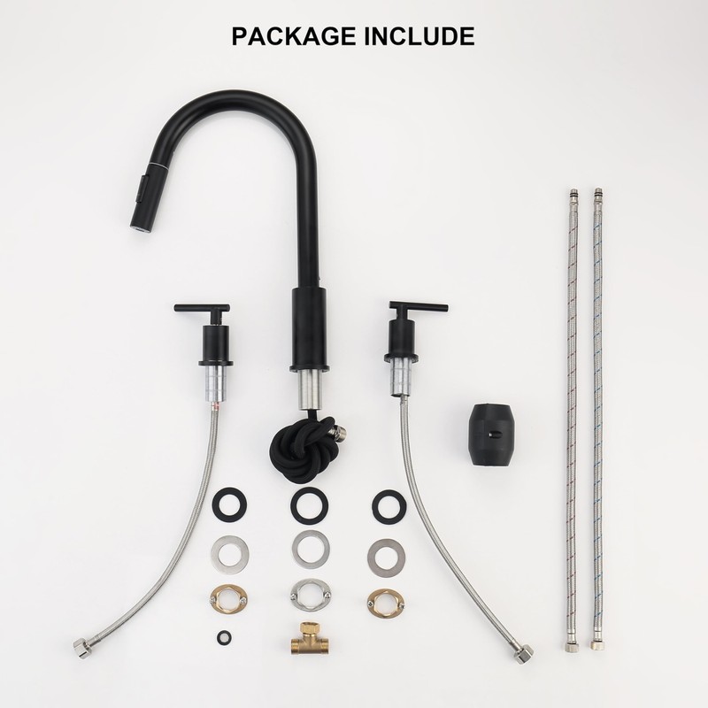 KIRLYSTONE Black Kitchen Sink Faucet, 3-Hole Kitchen Faucet with Pull-Down