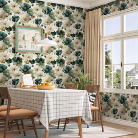 VOLEAAR Dark Teal Poppy Oil Floral Peel and Stick Wallpaper 17.5" x 393"