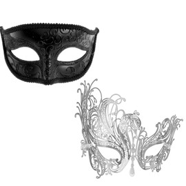 ILOVEMASKS Black Glitter Eye Mask & Silver Swan Laser Cut Masquerade Couple Mask