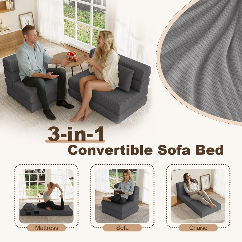 Folding Sofa Bed, One-Piece High-Density Foam Sleeper Chair, Grey, Single