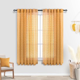 Gold Mustard Short Curtains 45 Inches Long for Kitchen Boho Pom Pom Textured Back Tab Rod Pocket Semi Voile Yellow Sheer Curtains Drapes Set 2 Panels for Bathroom Kids Bedroom Nursery Small Windows